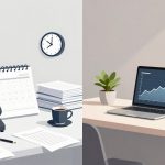 The image is split into two scenes. On the left, a desk has a rotary phone, calendar showing the 16th, stacks of papers, a pen, and a cup of coffee. A clock is on the wall. On the right, a desk has a laptop displaying a rising graph, a potted plant, a piggy bank, and stacks of coins.