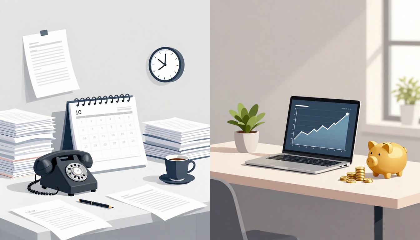 The image is split into two scenes. On the left, a desk has a rotary phone, calendar showing the 16th, stacks of papers, a pen, and a cup of coffee. A clock is on the wall. On the right, a desk has a laptop displaying a rising graph, a potted plant, a piggy bank, and stacks of coins.
