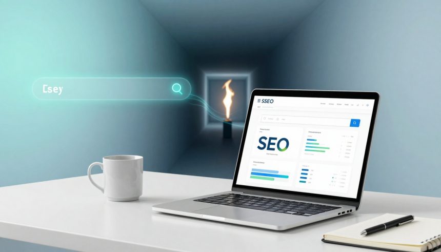 A laptop displaying SEO data is on a white desk with a notebook, pen, and coffee cup. A 3D search bar graphic and flame are in the background.