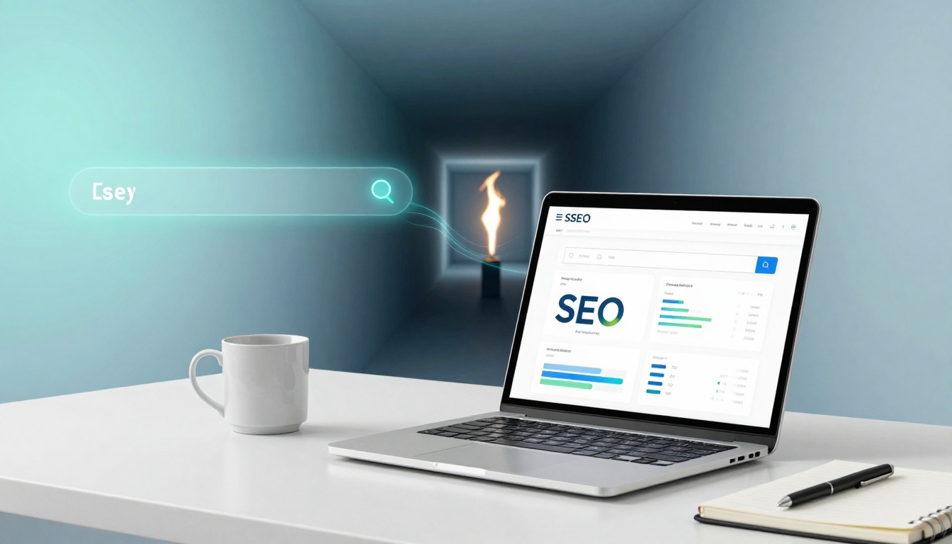 A laptop displaying SEO data is on a white desk with a notebook, pen, and coffee cup. A 3D search bar graphic and flame are in the background.