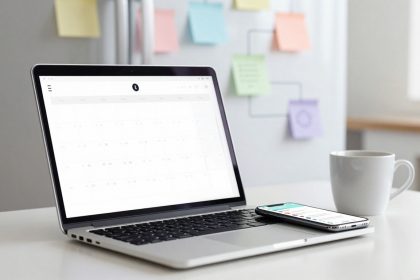 A laptop displaying a calendar app is on a white table with a smartphone and a white coffee mug beside it. Colorful sticky notes are on a blurred background wall.