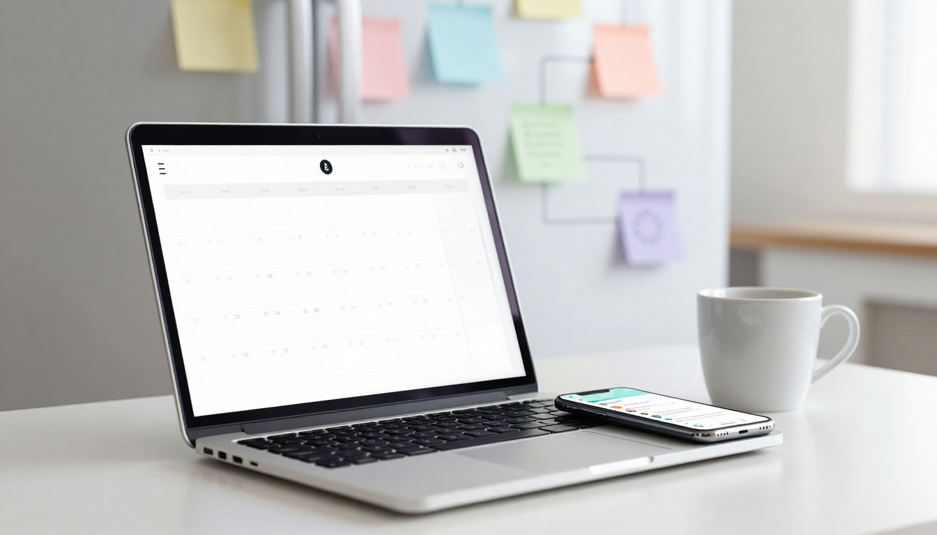 A laptop displaying a calendar app is on a white table with a smartphone and a white coffee mug beside it. Colorful sticky notes are on a blurred background wall.