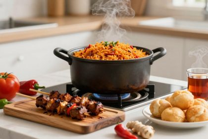 A black pot with steaming rice sits on a lit stove. Nearby, a wooden board has grilled skewers. A plate of buns and a steaming glass of tea are beside fresh tomatoes and peppers.