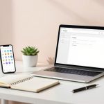 A laptop displaying a dashboard sits on a white desk beside a smartphone with app icons, a small potted succulent, a steaming cup of coffee, an open notebook, and a pen. The background is a soft pink wall.