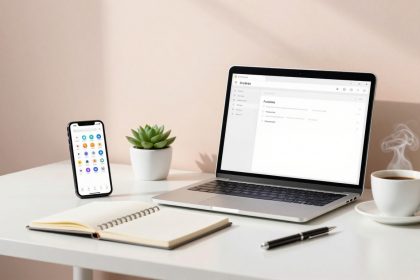 A laptop displaying a dashboard sits on a white desk beside a smartphone with app icons, a small potted succulent, a steaming cup of coffee, an open notebook, and a pen. The background is a soft pink wall.