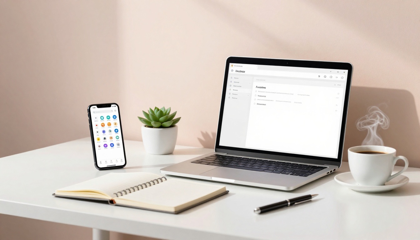 A laptop displaying a dashboard sits on a white desk beside a smartphone with app icons, a small potted succulent, a steaming cup of coffee, an open notebook, and a pen. The background is a soft pink wall.