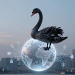 A black swan stands on a glowing digital globe with network lines and icons, set against a city skyline at dusk.