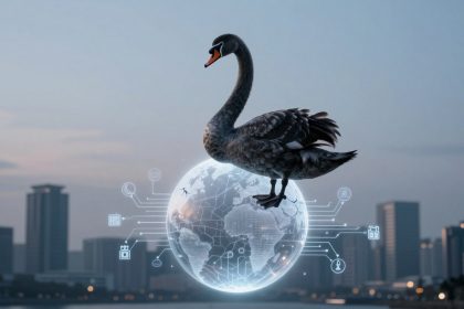 A black swan stands on a glowing digital globe with network lines and icons, set against a city skyline at dusk.