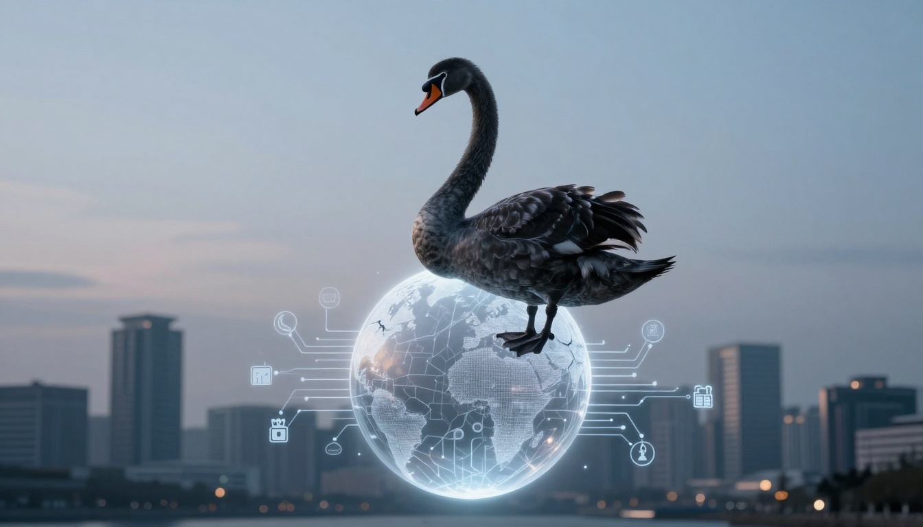 A black swan stands on a glowing digital globe with network lines and icons, set against a city skyline at dusk.