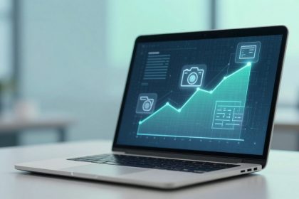 A laptop on a desk displays a graph with a rising green line, icons of cameras, and digital elements on a blue background.
