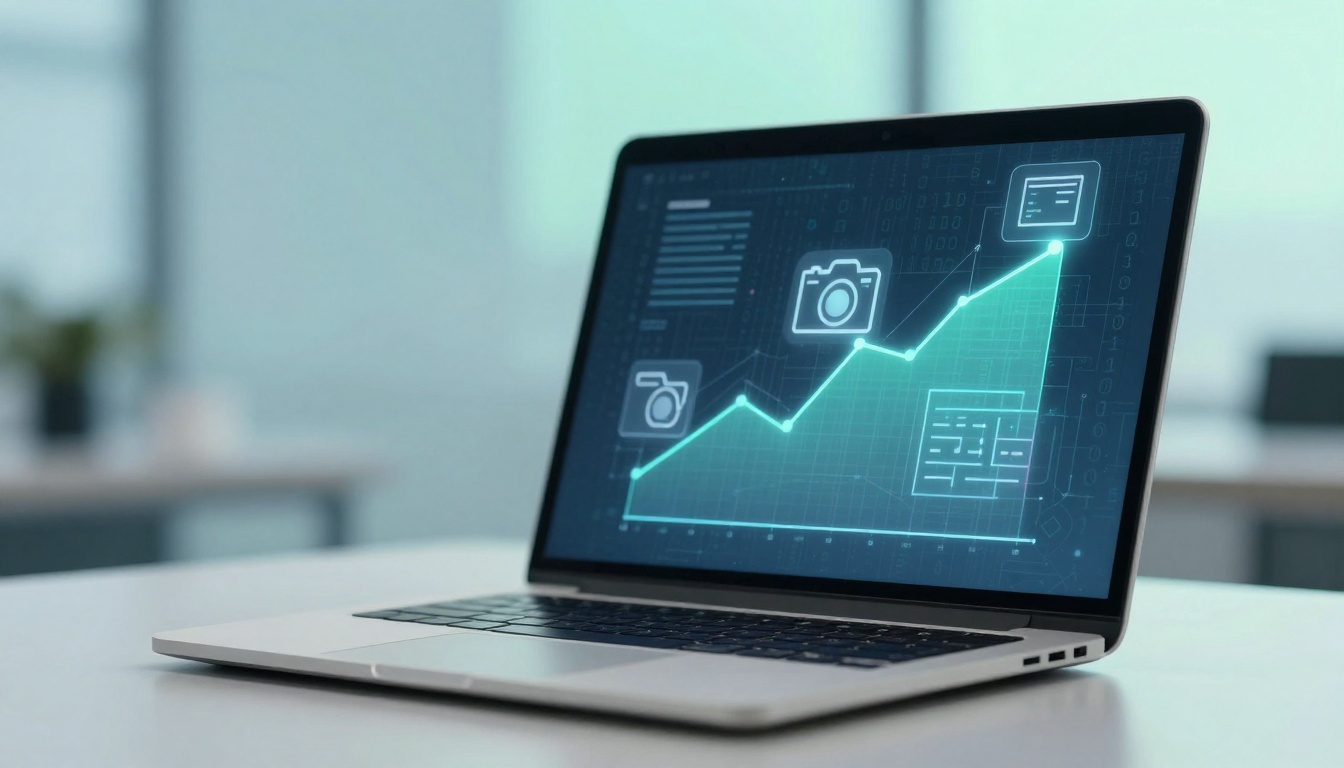 A laptop on a desk displays a graph with a rising green line, icons of cameras, and digital elements on a blue background.
