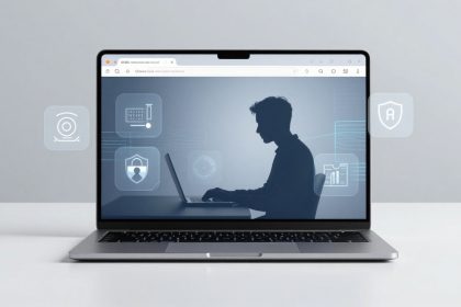 A laptop on a white surface displays a silhouette of a person typing. Surrounding icons suggest cybersecurity themes, including a shield and lock.