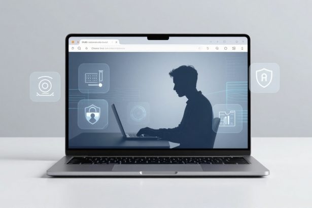 A laptop on a white surface displays a silhouette of a person typing. Surrounding icons suggest cybersecurity themes, including a shield and lock.
