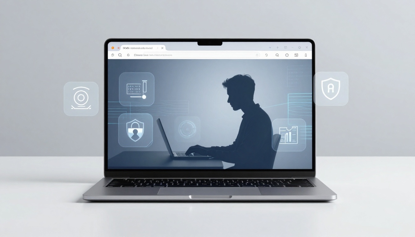 A laptop on a white surface displays a silhouette of a person typing. Surrounding icons suggest cybersecurity themes, including a shield and lock.