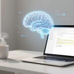 A laptop on a white desk displays a document. A glowing digital brain hologram hovers above it. A steaming mug and smartphone are nearby.