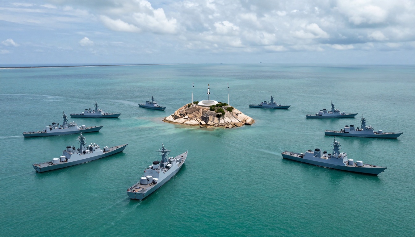 Seven naval ships encircle a small rocky island with a white monument and three flagpoles in the center of a calm turquoise sea under a cloudy sky.