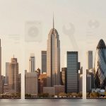 A city skyline with iconic skyscrapers, including a building resembling the Gherkin, set against a hazy sky. In the foreground, a vending machine stocked with bottles is visible on the right.