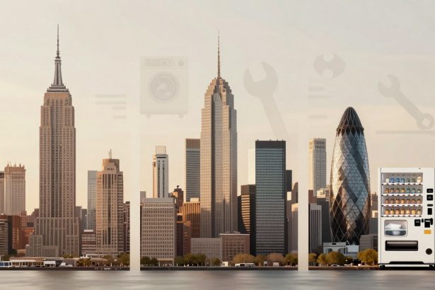 A city skyline with iconic skyscrapers, including a building resembling the Gherkin, set against a hazy sky. In the foreground, a vending machine stocked with bottles is visible on the right.