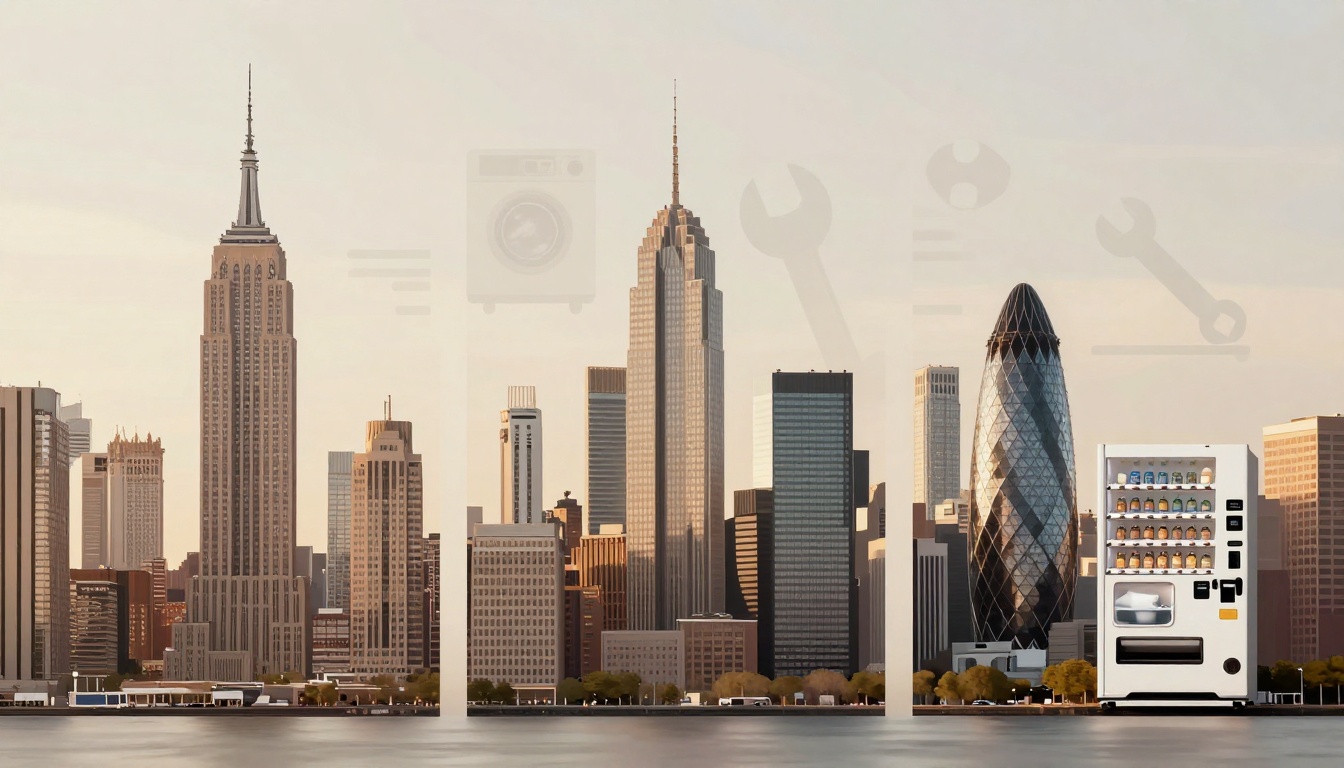 A city skyline with iconic skyscrapers, including a building resembling the Gherkin, set against a hazy sky. In the foreground, a vending machine stocked with bottles is visible on the right.