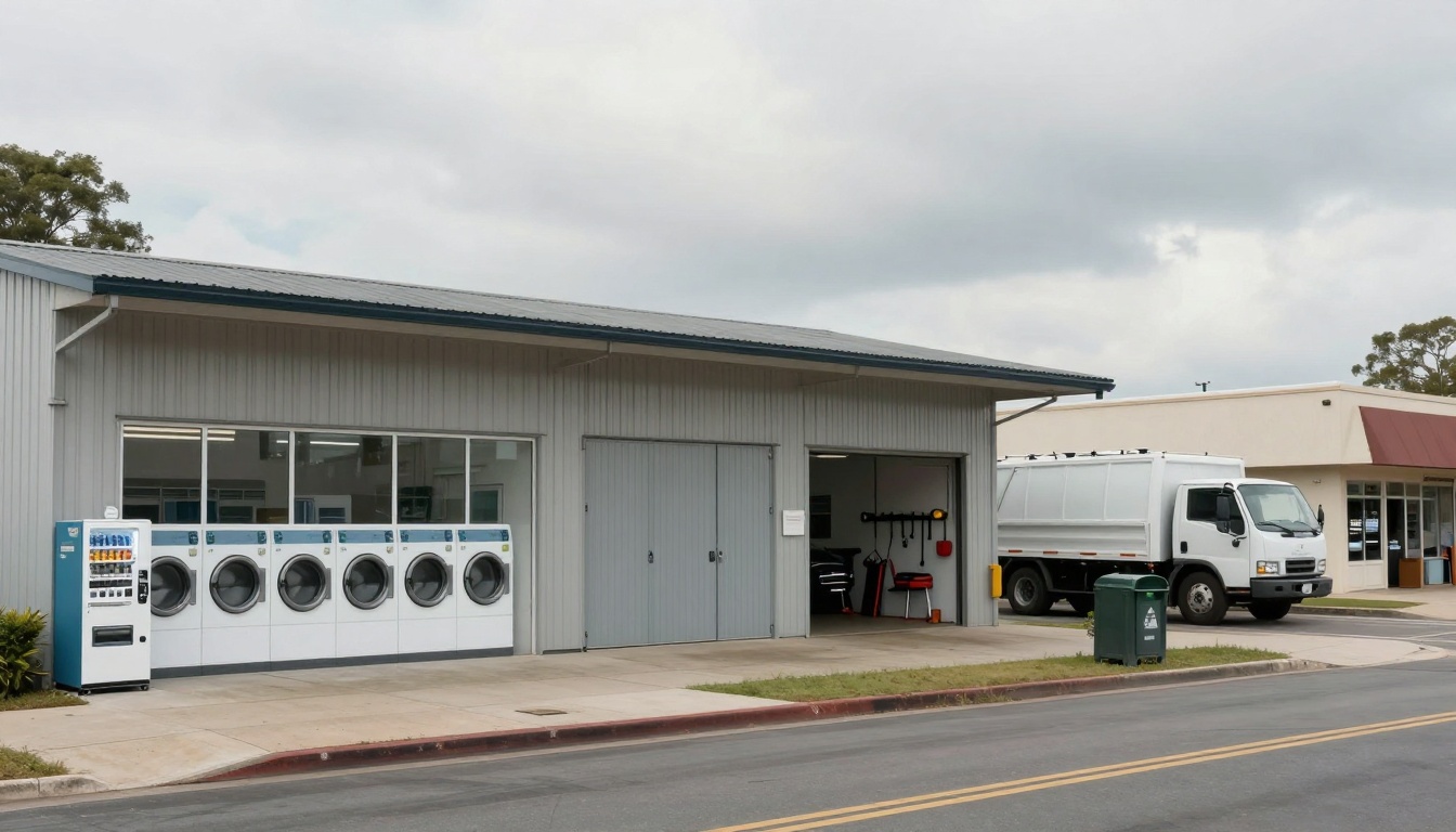 A laundromat with six front-loading washing machines and a vending machine outside. A white truck is parked nearby, and a green waste bin is on the sidewalk. The building has a metal roof and a garage-style door.