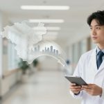 A doctor in a white coat holds a tablet in a hospital corridor. A digital overlay of a cityscape and map is visible beside him.