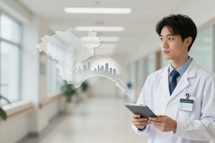 A doctor in a white coat holds a tablet in a hospital corridor. A digital overlay of a cityscape and map is visible beside him.
