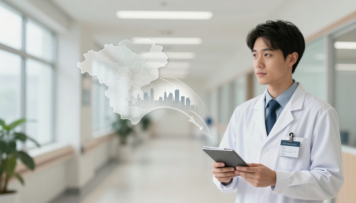 A doctor in a white coat holds a tablet in a hospital corridor. A digital overlay of a cityscape and map is visible beside him.