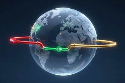 A transparent globe displaying continents is encircled by a red, green, and gold ring. The red section is labeled "BRICS+," the green section is labeled "G20," and the gold section completes the loop.