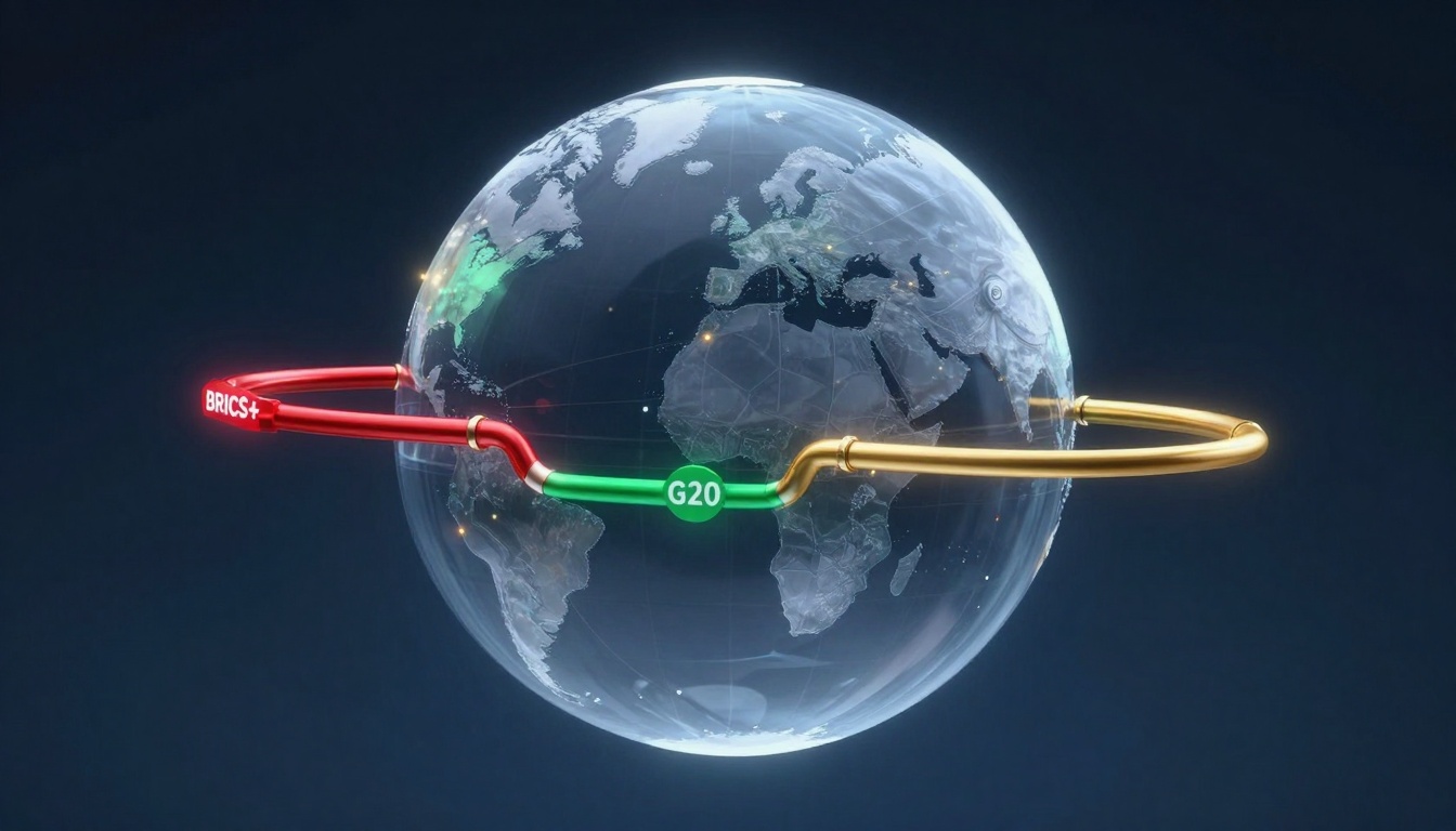 A transparent globe displaying continents is encircled by a red, green, and gold ring. The red section is labeled "BRICS+," the green section is labeled "G20," and the gold section completes the loop.