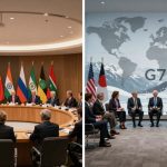 Two images side by side. Left: Leaders at a round table with flags from Brazil, Russia, India, China, South Africa. Right: Leaders seated in a semi-circle with flags from the USA, Japan, France, Canada, against a backdrop of a world map and mountains labeled "G7."