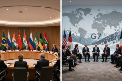Two images side by side. Left: Leaders at a round table with flags from Brazil, Russia, India, China, South Africa. Right: Leaders seated in a semi-circle with flags from the USA, Japan, France, Canada, against a backdrop of a world map and mountains labeled "G7."
