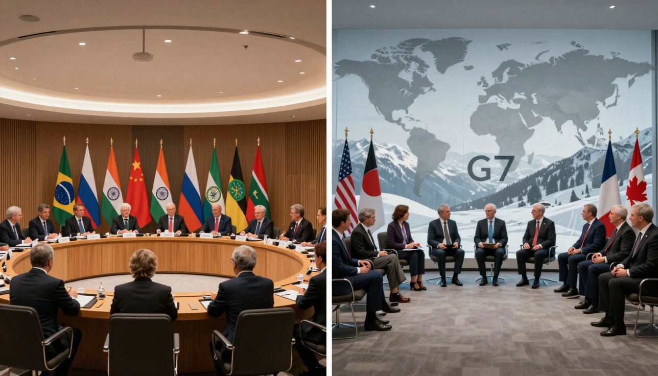 Two images side by side. Left: Leaders at a round table with flags from Brazil, Russia, India, China, South Africa. Right: Leaders seated in a semi-circle with flags from the USA, Japan, France, Canada, against a backdrop of a world map and mountains labeled "G7."