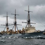 A vintage, three-masted steamship sails on rough seas under a cloudy sky. The ship is painted gray with cream accents, and intricate rigging is visible.