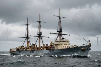 A vintage, three-masted steamship sails on rough seas under a cloudy sky. The ship is painted gray with cream accents, and intricate rigging is visible.