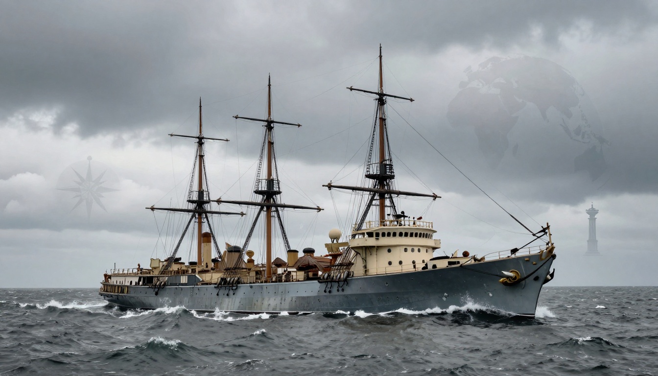 A vintage, three-masted steamship sails on rough seas under a cloudy sky. The ship is painted gray with cream accents, and intricate rigging is visible.