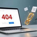 Open laptop displaying "404" error on screen with floating icons: email, document, magnifying glass, and a golden chain link.