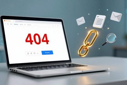Open laptop displaying "404" error on screen with floating icons: email, document, magnifying glass, and a golden chain link.