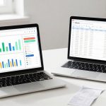 Two laptops on a white desk display data: one shows colorful bar charts, the other shows a table with text. Nearby are a smartphone, papers, and cups.