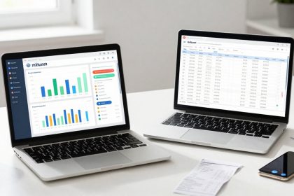 Two laptops on a white desk display data: one shows colorful bar charts, the other shows a table with text. Nearby are a smartphone, papers, and cups.