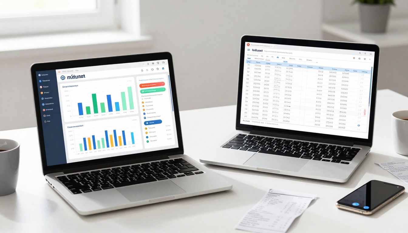 Two laptops on a white desk display data: one shows colorful bar charts, the other shows a table with text. Nearby are a smartphone, papers, and cups.