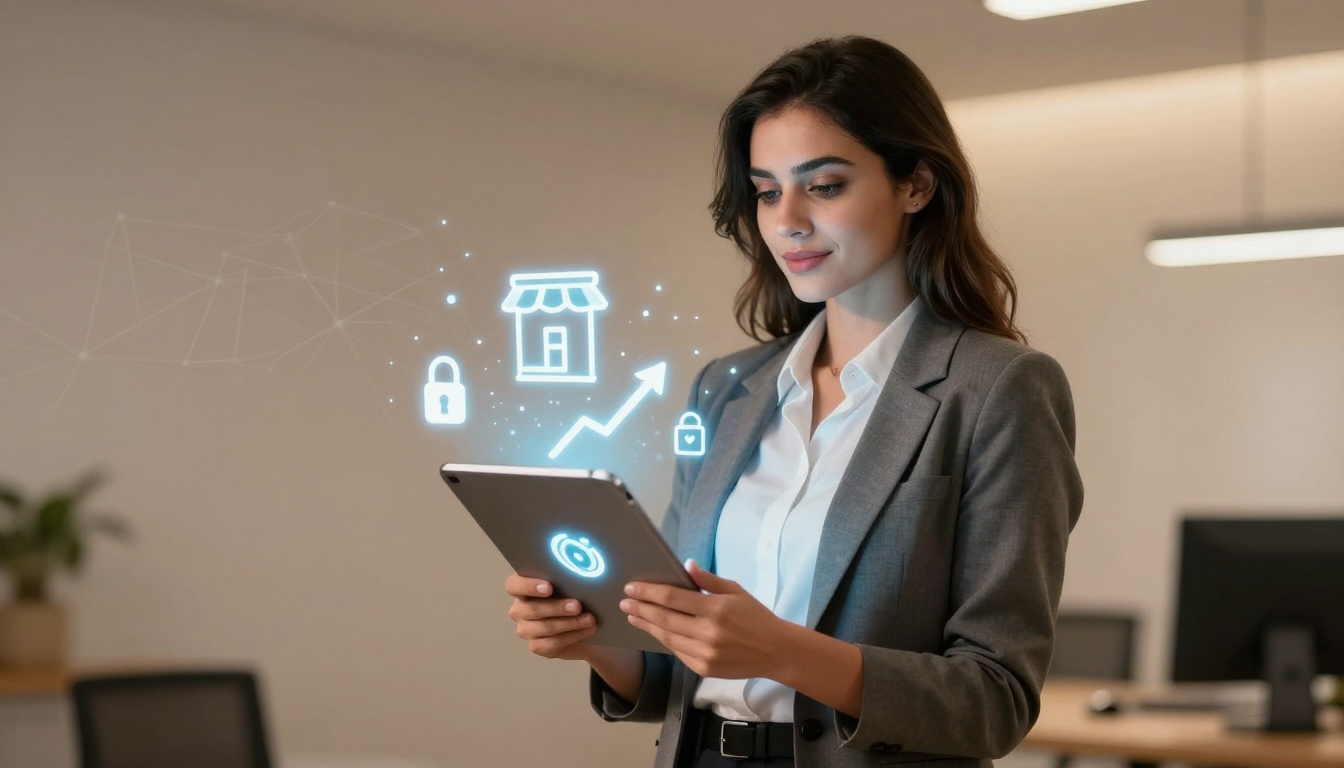 A woman in a gray suit uses a tablet, with digital icons like a store, lock, and upward arrow hovering above. Office setting in the background.