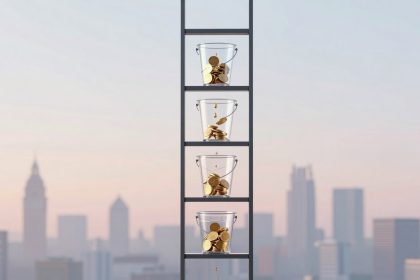 A ladder with four transparent buckets filled with gold coins, positioned vertically. Coins are dripping from the top bucket to the one below. A city skyline is in the blurred background.