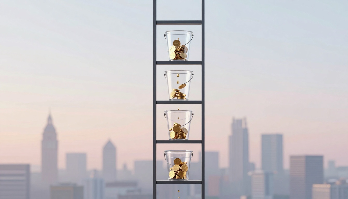A ladder with four transparent buckets filled with gold coins, positioned vertically. Coins are dripping from the top bucket to the one below. A city skyline is in the blurred background.