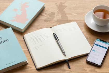 A wooden table with a teal book titled "Nelet Finance," an open notebook with handwritten notes and a pen, a smartphone displaying a website, and a cup of tea.