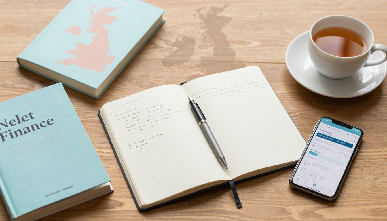 A wooden table with a teal book titled "Nelet Finance," an open notebook with handwritten notes and a pen, a smartphone displaying a website, and a cup of tea.
