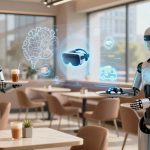 Two humanoid robots in a cafe, holding trays with drinks. A holographic display between them shows a VR headset and various icons.