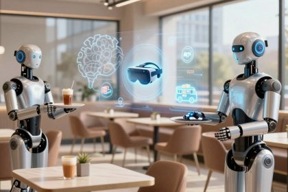 Two humanoid robots in a cafe, holding trays with drinks. A holographic display between them shows a VR headset and various icons.