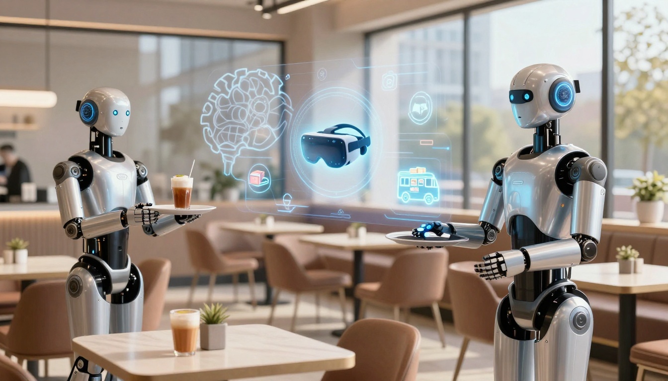 Two humanoid robots in a cafe, holding trays with drinks. A holographic display between them shows a VR headset and various icons.