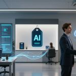 A modern office with a woman at a desk, using a laptop displaying digital data. Two men in suits are shaking hands, surrounded by digital graphics of a brain and AI tag.