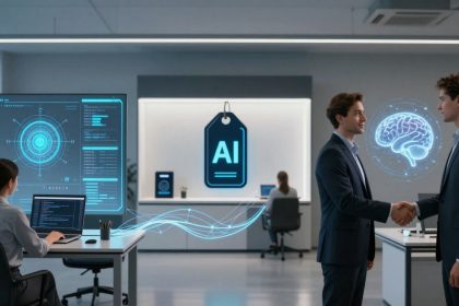 A modern office with a woman at a desk, using a laptop displaying digital data. Two men in suits are shaking hands, surrounded by digital graphics of a brain and AI tag.